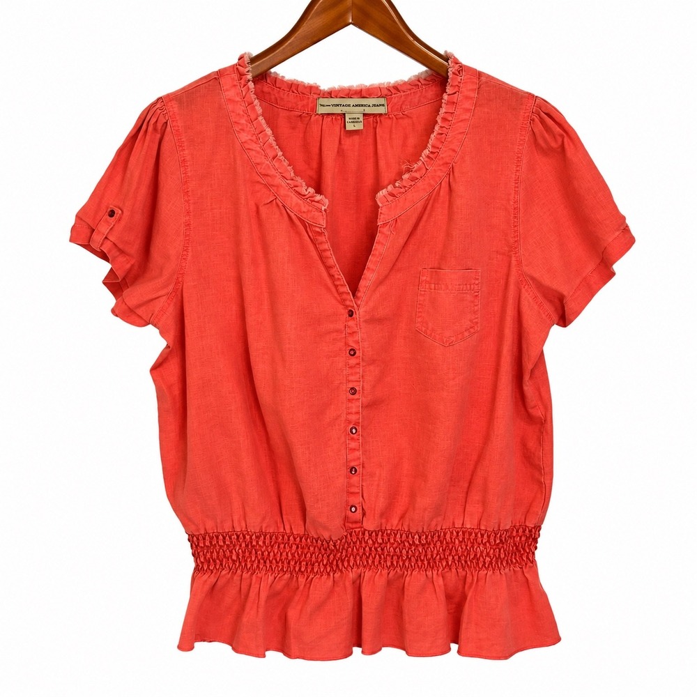 Nine West Vintage America Jeans Coral Linen Blend Smocked Peplum Blouse Large